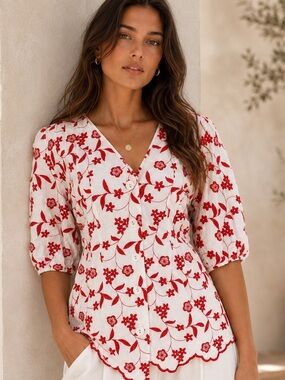 Solitaire M Cotton Embroidered Blouse Red Floral Puff Sleeve Cottagecore Boho